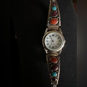 STERLING Native American  Women's Watch with Turquoise and Coral Stones Stretch